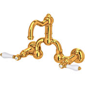 Rohl Acqui 1.2 GPM Wall Mounted Widespread Bridge Bathroom Faucet with Pop-Up Drain Assembly and Porcelain Lever Handles Italian Brass
