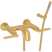 Rohl Avanti Deck Mounted Roman Tub Faucet Trim with Metal Lever Handles and Built-In Diverter - Includes Personal Hand Shower Italian Brass