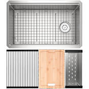 Rohl Culinario 30" Undermount Single Basin Stainless Steel Kitchen Sink with Basin Rack, Basket Strainer, Colander, and Cutting Board Brushed Stainless Steel
