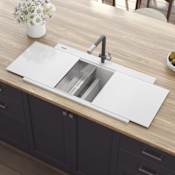 Ruvati epiGranite 34" Drop-In Double Basin Granite Composite Kitchen Sink with Basket Strainer and Cutting Boards Arctic White