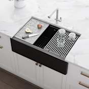 Ruvati epiCast 33" Farmhouse Single Basin Granite Composite Kitchen Sink with Basin Rack, Basket Strainer and Cutting Board Black