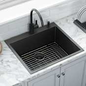 Ruvati Terraza 25" Drop In Single Basin Stainless Steel Kitchen Sink with Basin Rack and Basket Strainer Gunmetal Black