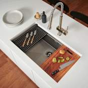 Ruvati Giana 30" Undermount Single Basin Brass, Stainless Steel Kitchen Sink with Basket Strainer and Cutting Board Gunmetal Black