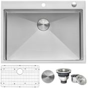 Ruvati Tirana 30" Drop In Single Basin 16 Gauge Stainless Steel Kitchen Sink with Basin Rack and Basket Strainer Stainless Steel