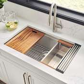 Ruvati Roma 32" Undermount Single Basin 16 Gauge Stainless Steel Workstation Kitchen Sink with Basin Rack, Colander, Cutting Board, and Basket Strainer Stainless Steel