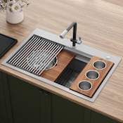 Ruvati Dual-Tier 33" Drop In Single Basin Stainless Steel Kitchen Sink with Basket Strainer, Colander and Cutting Board Stainless Steel