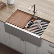 Ruvati Dual-Tier 33-1/2" Farmhouse Single Basin Stainless Steel Kitchen Sink with Basin Rack, Basket Strainer, Colander and Cutting Board Stainless Steel