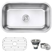 Ruvati Parmi 30" Undermount Single Basin 16 Gauge Stainless Steel Kitchen Sink with Basin Rack and Basket Strainer Stainless Steel