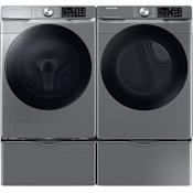 Samsung 27 Inch Wide 4.5 Cu. Ft. Front Loading Washer and 27 Inch Wide 7.5 Cu. Ft. Front Loading Electric Dryer Laundry Pair with Pedestal and Steam Sanitize+ Platinum
