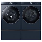 Samsung Bespoke 27 Inch Wide 5.3 Cu. Ft. Front Load Washer and 27 Inch Wide 7.6 Cu. Ft. Gas Dryer Laundry Pair with Pedestal Brushed Navy