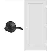 Schlage 32" W x 80" H Single Panel Right Handed Interior Prehung Door with 6-9/16" Door Jamb and Accent Passage Door lever Set Matte Black