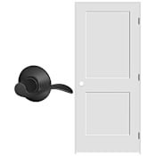Schlage 32" W x 80" H Double Panel Right Handed Interior Prehung Door with 6-9/16" Door Jamb and Accent Passage Door lever Set Matte Black