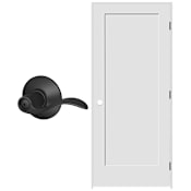 Schlage 28" W x 80" H Single Panel Right Handed Interior Prehung Door with 4-9/16" Door Jamb and Accent Privacy Door lever Set Matte Black