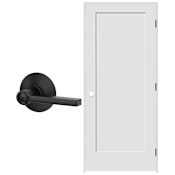 Schlage 30" W x 80" H Single Panel Right Handed Interior Prehung Door with 6-9/16" Door Jamb and Latitude Privacy Door Lever Set Matte Black