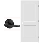 Schlage 32" W x 80" H Double Panel Right Handed Interior Prehung Door with 4-9/16" Door Jamb and Latitude Privacy Door Lever Set Matte Black