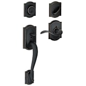 Schlage Camelot Left Handed Sectional Single Cylinder Keyed Entry Handleset with Accent Lever with Decorative Camelot Trim Aged Bronze