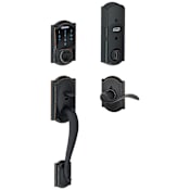 Schlage Connect Camelot Touchscreen Handleset with Left Handed Accent Lever, Decorative Camelot Rose, and Built-in Alarm Aged Bronze