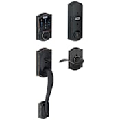 Schlage Connect Camelot Touchscreen Handleset with Right Handed Accent Lever, Decorative Camelot Rose, and Built-in Alarm Aged Bronze