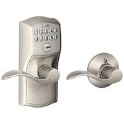Schlage Camelot Keypad Entry with Auto-Lock Door Lever Set with Accent Interior Lever Satin Nickel