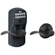 Schlage Plymouth Keypad Entry Auto-Lock Door Knob Set with Accent Lever Aged Bronze