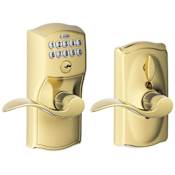 Schlage Camelot Keypad Entry with Flex-Lock Door Lever Set with Accent Interior Lever Lifetime Polished Brass