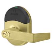 Schlage Rhodes Electronic Storeroom Door Lever with ENGAGE™ Technology from the NDE Series - Full Size Interchangeable Core Satin Brass