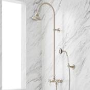 Signature Hardware Baywood Exposed Pipe Shower System with Shower Head, Hand Shower, and Hose Brushed Nickel