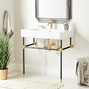 Signature Hardware 34" Burleson Porcelain Console Sink With Brass Stand Black / Polished Brass