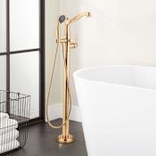Signature Hardware Pendleton Floor Mounted Tub Filler Faucet - Includes Hand Shower and Valve with Stops Brushed Gold