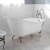 Signature Hardware Callaway 61" Cast Iron Soaking Clawfoot Tub with 7" Faucet Holes - Less External Drain and Overflow White / Brushed Nickel Feet