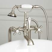 Signature Hardware Freestanding English Telephone Tub Filler  with Brass Cross Handles - 27-1/2" Spout Height - Includes Hand Shower and Valve Brushed Nickel