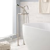 Signature Hardware Sebastian Freestanding Floor Mounted Tub Filler with Cross Handles and Supply Shut-Off Valves - 34-1/4" Spout Height - Includes Hand Shower and Valve Brushed Nickel