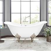 Signature Hardware Arabella 72" Cast Iron Soaking Clawfoot Tub with Pre-Drilled Overflow, Tap Deck and 7" Faucet Holes - Less External Drain and Overflow White / Brushed Nickel Feet