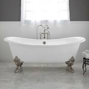 Signature Hardware Lena 72" Cast Iron Soaking Clawfoot Tub with Rolled Rim - Less External Drain and Overflow and Faucet Holes White / Brushed Nickel Feet
