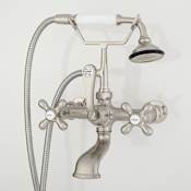 Signature Hardware Wall Mounted English Telephone Tub Filler with Brass Cross Handles - 7-3/8" Spout Reach - Includes Hand Shower and Valve Brushed Nickel