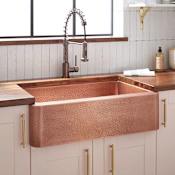 Signature Hardware Fiona 33" Farmhouse Single Basin Hammered Copper Kitchen Sink Antique Copper