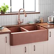 Signature Hardware Aberdeen 33" Farmhouse 60/40 Double Basin Copper Kitchen Sink Antique Copper