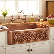 Signature Hardware Vine Design 33" Farmhouse Single Basin Copper Kitchen Sink Antique Copper