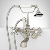Signature Hardware Tub Wall Mounted English Telephone Tub Filler with Brass Cross Handles - Variable Centers - Includes Hand Shower and Valve Brushed Nickel
