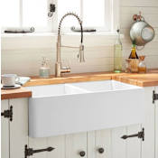Signature Hardware Reinhard 34" Farmhouse 50/50 Double Basin Fireclay Kitchen Sink White
