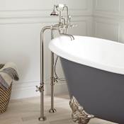 Signature Hardware Freestanding English Telephone Tub Filler with Brass Lever Handles - 27-1/2" Spout Height - Includes Hand Shower and Valve Brushed Nickel