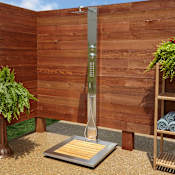 Signature Hardware Abner Stainless Steel Thermostatic Outdoor Shower Panel with Shower Head, Hand Shower, Bodysprays and Bamboo Tray Brushed Stainless Steel