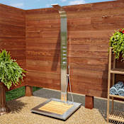 Signature Hardware Alvin Stainless Steel Thermostatic Outdoor Shower Panel with Shower Head, Hand Shower, Bodysprays and Bamboo Tray Brushed Stainless Steel