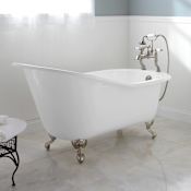 Signature Hardware Callaway 61" Cast Iron Soaking Clawfoot Tub with 7" Faucet Holes - Less External Drain and Overflow White / Polished Nickel Feet