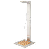 Signature Hardware Dalton Stainless Steel Pressure Balanced Outdoor Shower Panel with Shower Head, Hand Shower, Bodysprays and Bamboo Tray Brushed Stainless Steel