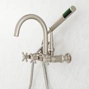Signature Hardware Sebastian Wall Mounted Tub Filler with Cross Handles - 12-1/4" Spout Reach - Includes Hand Shower and Valve Brushed Nickel