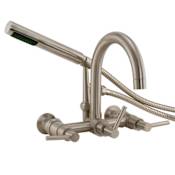 Signature Hardware Sebastian Wall Mounted Tub Filler with Lever Handles - 12-1/4" Spout Reach - Includes Hand Shower and Valve Brushed Nickel