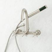Signature Hardware Sebastian Wall Mounted Tub Filler with Cross Handles - 14" Spout Reach - Includes Hand Shower and Valve Brushed Nickel