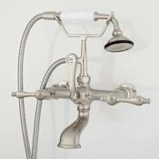 Signature Hardware Wall Mounted English Telephone Tub Filler with Brass Lever Handles, 4" Wall Couplers, and 9-1/2" Spout Reach - Includes Hand Shower and Valve Brushed Nickel