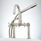 Signature Hardware Sebastian Deck Mounted Tub Filler Faucet with 4" Deck Couplers and Metal Cross Handles- Includes Hand Shower Brushed Nickel